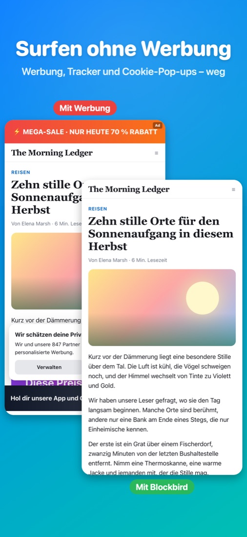 Surfen ohne Werbung — Werbung, Tracker und Cookie-Pop-ups – weg