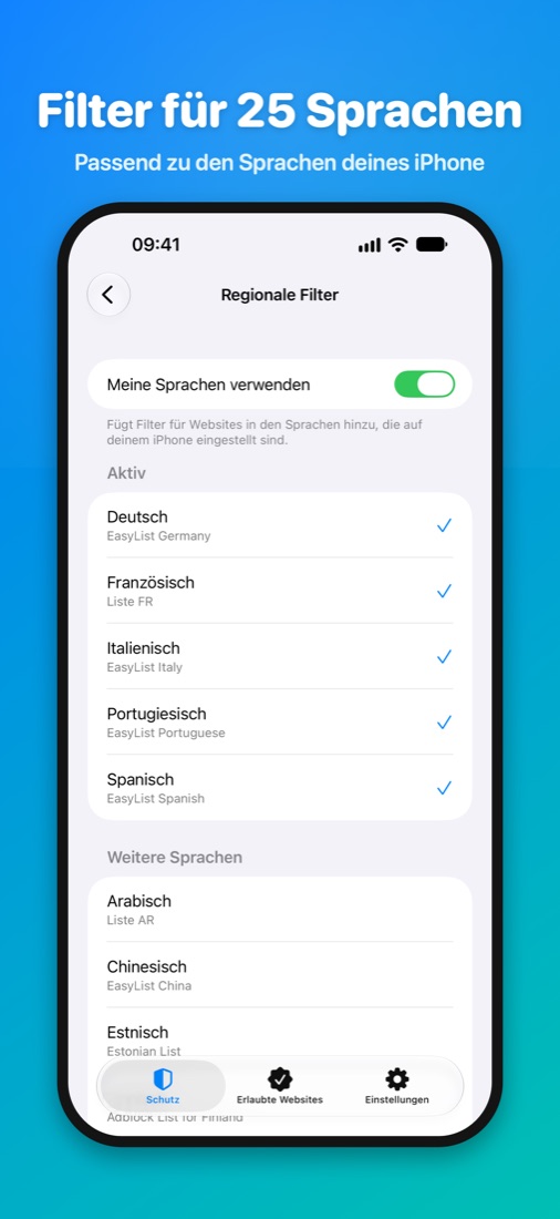 Filter für 25 Sprachen — Passend zu den Sprachen deines iPhone