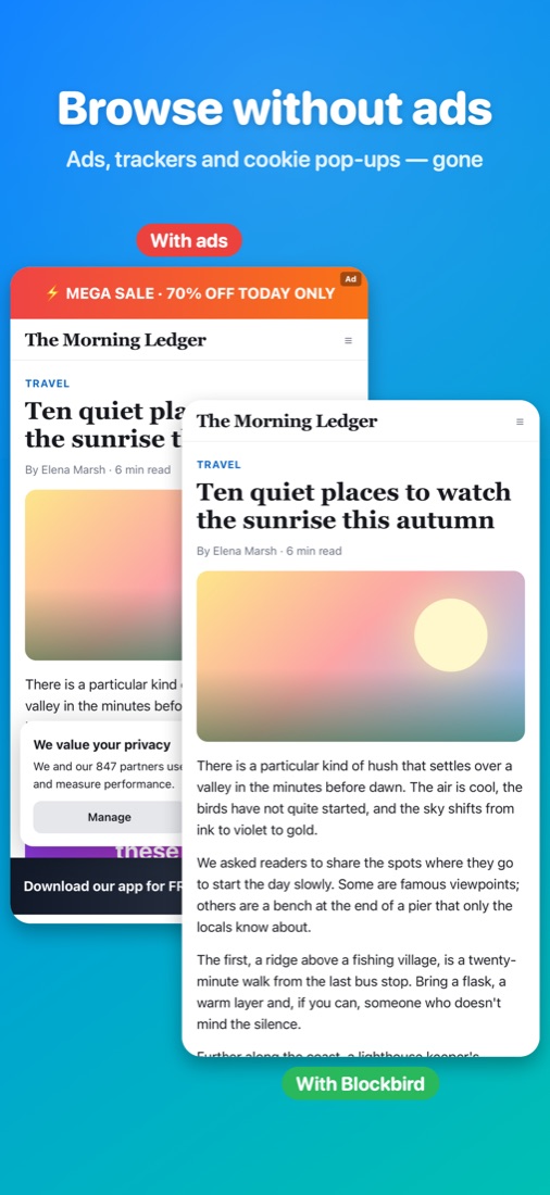 Browse without ads — Ads, trackers and cookie pop-ups — gone