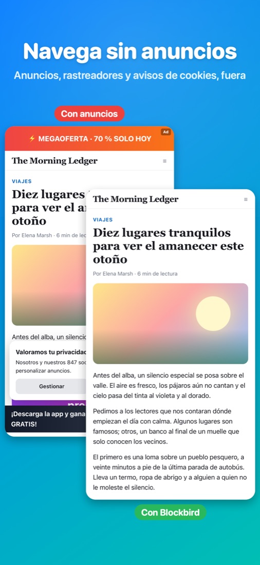 Navega sin anuncios — Anuncios, rastreadores y avisos de cookies, fuera