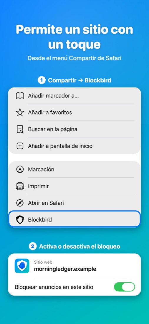 Permite un sitio con un toque — Desde el menú Compartir de Safari