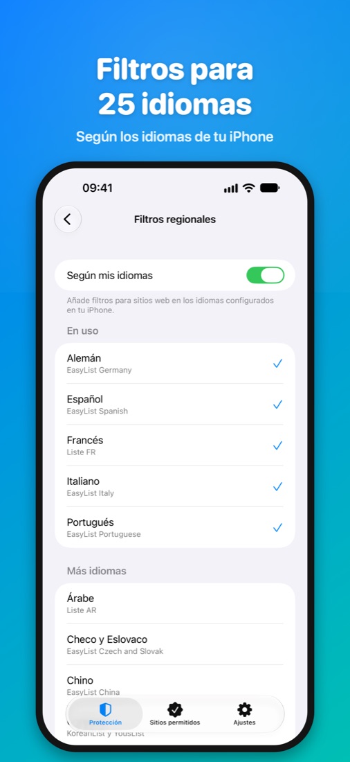 Filtros para 25 idiomas — Según los idiomas de tu iPhone