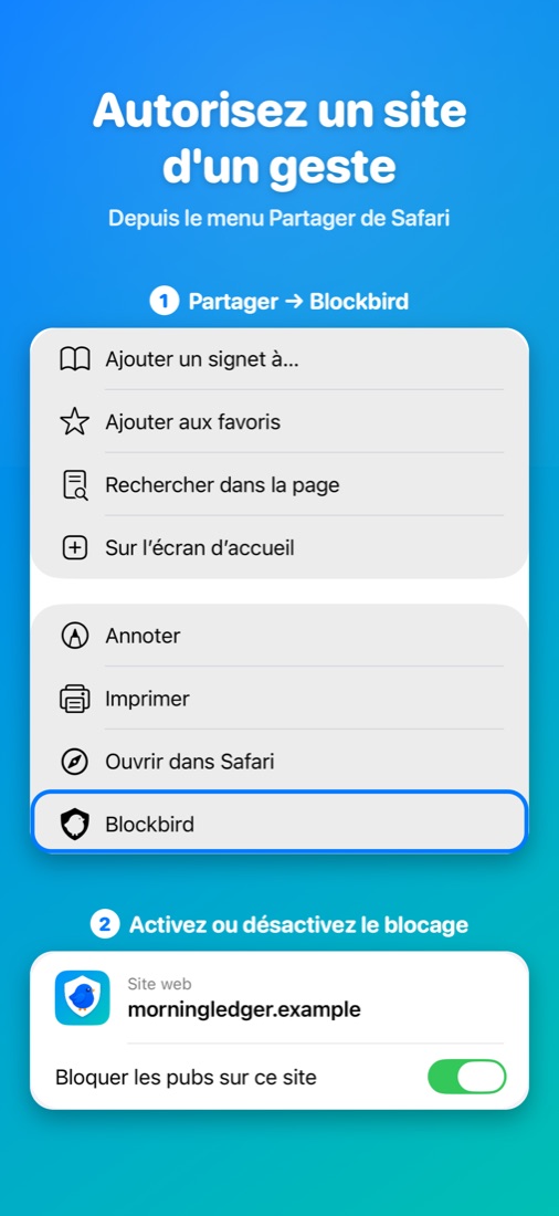 Autorisez un site d'un geste — Depuis le menu Partager de Safari