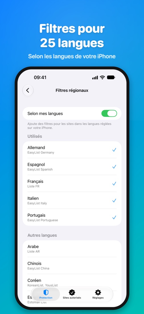 Filtres pour 25 langues — Selon les langues de votre iPhone