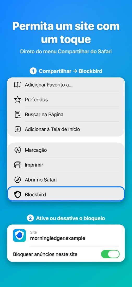 Permita um site com um toque — Direto do menu Compartilhar do Safari