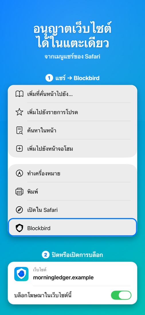 อนุญาตเว็บไซต์ได้ในแตะเดียว — จากเมนูแชร์ของ Safari